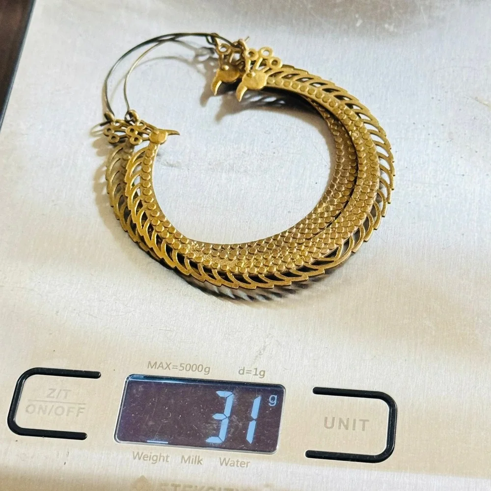 VTG Chunky Ethnic Peacock‎ Hoop Massive Earrings Brass Woven Pierced dangle Boho